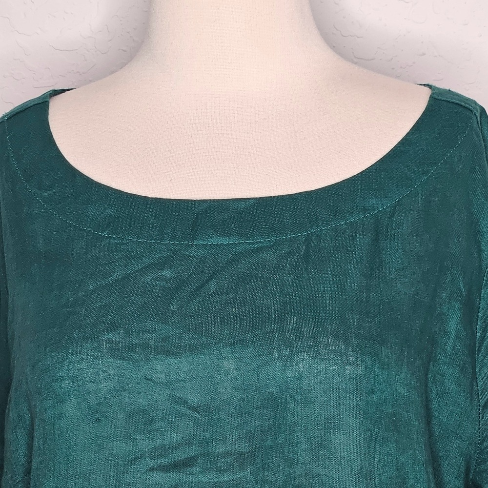 Isaac Mizrahi New York Womens XL Emerald Green 100% Linen 3/4 Sleeve Blouse Top - Picture 2 of 6